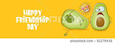 Happy friendship day cartoon comic horizontal banner with two funky avocado friends and cartoon sun isolated on orange background. Friendship day funky greeting card or party flyer. BFF concept Happy friendship day cartoon comic horizontal banner with two funky avocado friends and cartoon sun isolated on orange background. Friendship day funky greeting card or party flyer. BFF concept 92276438