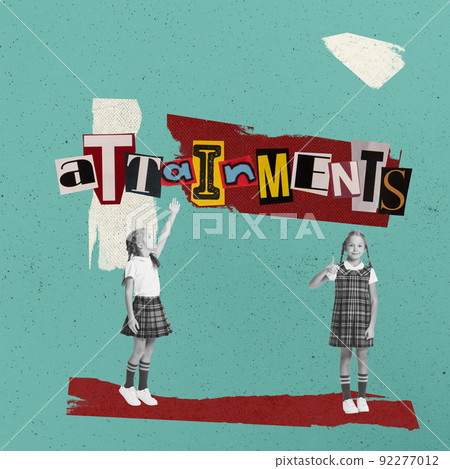 Contemporary collage with happy little girls, pupils isolated on light background with cut out letters in magazine style. Childhood, education, studying, back to school concept Contemporary collage with happy little girls, pupils isolated on light background with cut out letters in magazine style. Childhood, education, studying, back to school concept 92277012