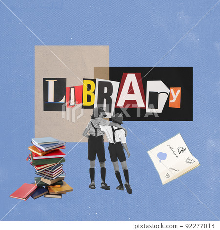 Contemporary collage with happy kids, pupils isolated on light background with cut out letters in magazine style. Childhood, education, studying, back to school concept Contemporary collage with happy kids, pupils isolated on light background with cut out letters in magazine style. Childhood, education, studying, back to school concept 92277013