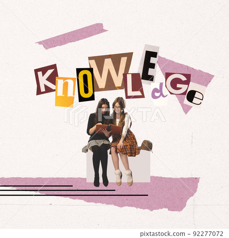 Back to school concept. Creative collage with two school age girls isolated on light background with cut out letters in magazine style. Childhood, education, studying 92277072