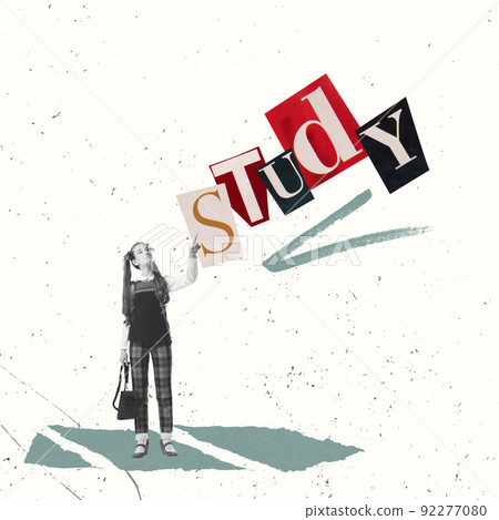 Back to school concept. Creative collage with school age girl isolated on light background with cut out letters in magazine style. Childhood, education, studying 92277080