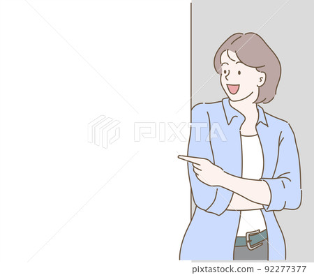 Joyful woman pointing finger at copy space. Hand drawn in thin line style, vector illustrations. Joyful woman pointing finger at copy space. Hand drawn in thin line style, vector illustrations. 92277377