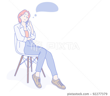 Young business woman sitting on a chair thinking. Hand drawn in thin line style, vector illustrations. Young business woman sitting on a chair thinking. Hand drawn in thin line style, vector illustrations. 92277379