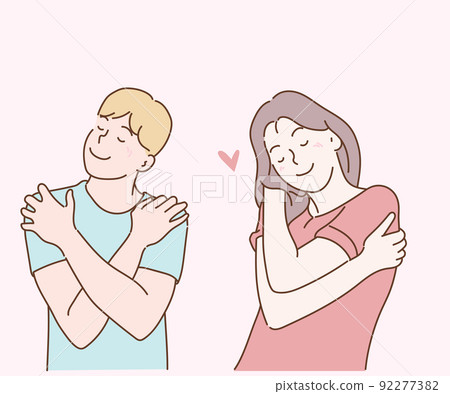 Love Yourself concept. Young woman and young man hugging oneself, happy, positive, and smiling. Hand drawn in thin line style, vector illustrations. Love Yourself concept. Young woman and young man hugging oneself, happy, positive, and smiling. Hand drawn in thin line style, vector illustrations. 92277382