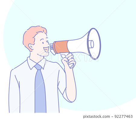 Young business man with megaphone. Concept of big sale, discount, fresh news or new collection for ads or web banners. Hand drawn in thin line style, vector illustrations. 92277463