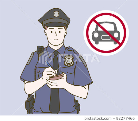 The police are writing the fines for parking in a no-parking area. Hand drawn in thin line style, vector illustrations. 92277466