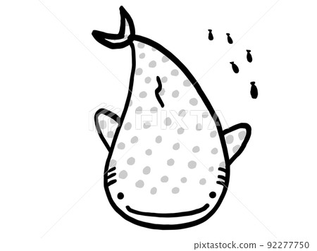 Monochrome illustration / hand-drawn illustration material of cute whale shark and small fish 92277750