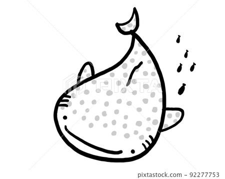 可愛的鯨鯊和小魚的單色插圖/手繪插圖素材 92277753