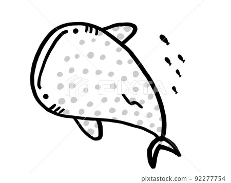 Monochrome illustration / hand-drawn illustration material of cute whale shark and small fish 92277754