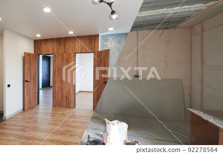 Comparison of old room with building tools and new renovated room. Photo collage of apartment before and after restoration. Concept of home renovation. 92278564