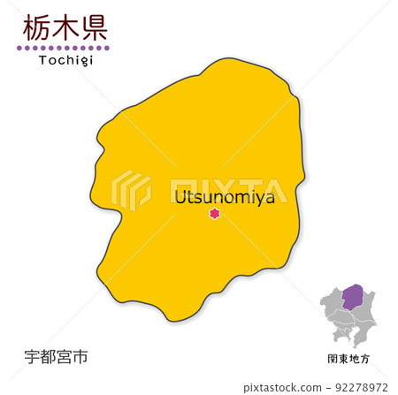 Tochigi prefecture and prefectural office location, simplified cute map Tochigi prefecture and prefectural office location, simplified cute map 92278972