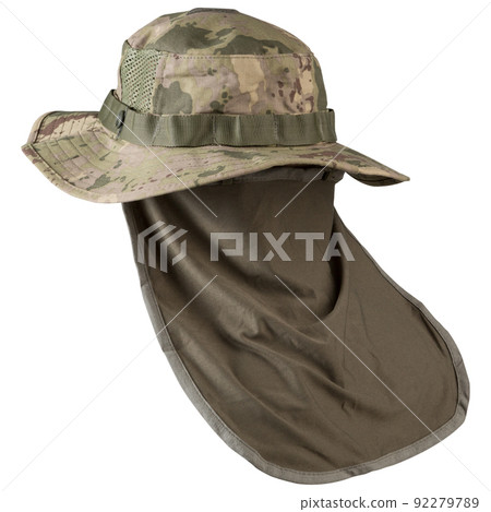 army uniform round cap with fields, camouflage, with a cape to protect the neck, on a white, background army uniform round cap with fields, camouflage, with a cape to protect the neck, on a white, background 92279789