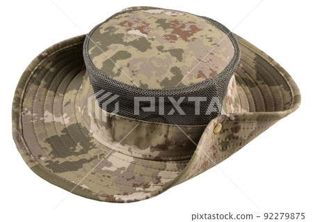 round cap of an army uniform with brim, camouflage with a mesh to ventilate the head, on a white background round cap of an army uniform with brim, camouflage with a mesh to ventilate the head, on a white background 92279875