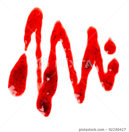 Strawberry jam drizzle isolated on white background. Splashes of berry confiture. Top view. Strawberry jam drizzle isolated on white background. Splashes of berry confiture. Top view. 92280427