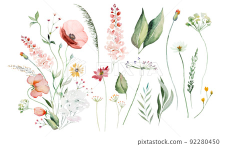 Bouquet made of watercolor wildflowers and leaves, wedding and greeting illustration elements 92280450