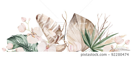 Wedding boho Watercolor border with beige and teal green tropical leaves and orchid flowers illustration 92280474