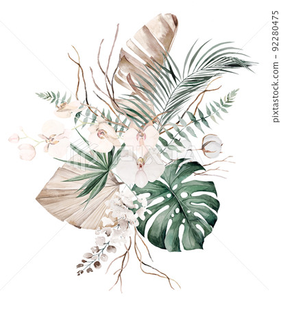 Wedding boho Watercolor bouquet with beige and teal green tropical leaves and orchid flowers illustration 92280475