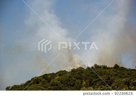 Forest Fire Smoke On The Slopes Hills. Fire In Mountain Forest. Wild Fire In Forests 92280628