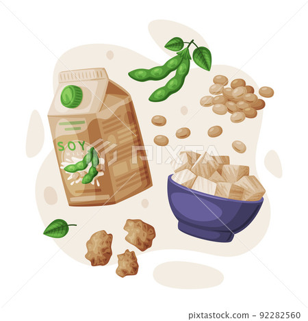 Natural Soy Products from Soybean Plant with Tofu in Bowl and Milk in Carton Vector Composition 92282560