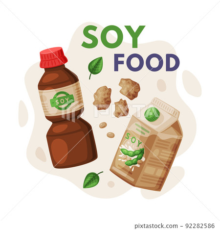 Natural Soy Products from Soybean Plant with Milk in Carton and Sauce in Bottle Vector Composition 92282586