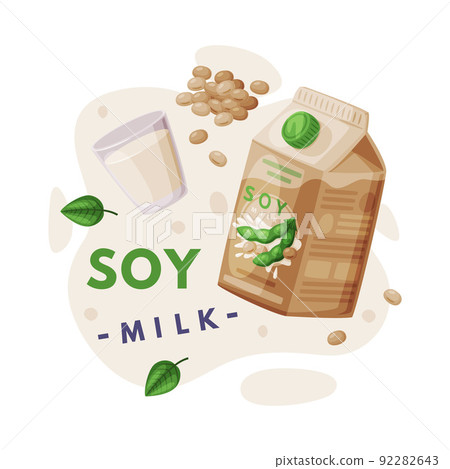 Natural Soy Products from Soybean Plant with Soy Milk in Glass and Carton Vector Composition 92282643