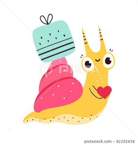 Cute Snail Character with Shell Carrying Gift Box on Its Back Vector Illustration 92282658