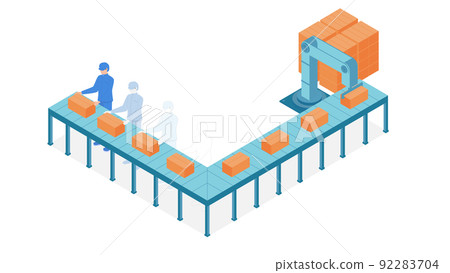 Isometric illustration of how labor costs have been reduced by mechanization of factories 92283704