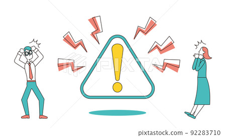 Male and female office workers surprised by alert and alert icons 92283710