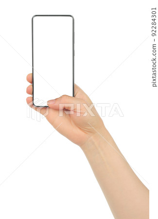 Hand holding modern Smart Phone, isolated on white background 92284301