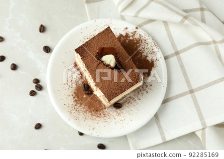 Concept of tasty dessert with Tiramisu cake, top view 92285169