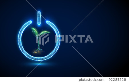 Abstract green young plant in blue power button. Abstract green young plant in blue power button. 92285226
