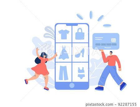 Online shopping flat. Vector hand drawn woman and man with bank card runs to buy goods. The product catalog in telephone on the web browser page. Shopping boxes Online shopping flat. Vector hand drawn woman and man with bank card runs to buy goods. The product catalog in telephone on the web browser page. Shopping boxes 92287155