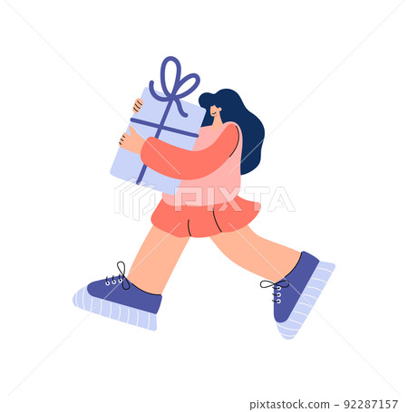 Cheerful woman carrying huge present box. Female character holding big birthday gift in festive packaging. Flat vector cartoon illustration isolated on white background Cheerful woman carrying huge present box. Female character holding big birthday gift in festive packaging. Flat vector cartoon illustration isolated on white background 92287157