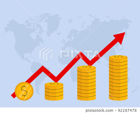 Stack of golden coins and red arrow. World map background. Stack of golden coins and red arrow. World map background. 92287478