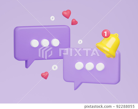 Notification bell on speech bubble with text 3d render. 92288055