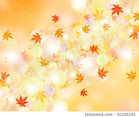 Hand drawn wallpaper material illustration of cute autumn image of pop iridescent soap bubbles and musical notes and autumn leaves 92288281