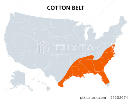 Cotton Belt of the United States, political map. Region of the American South, from Delaware to East Texas, where cotton was the predominant cash crop from the late 18th century into the 20th century. 92288674