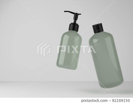 Two green plastic bottles for shower gel and liquid soap floating on studio background, 3D render of cosmetic product packaging 92289150