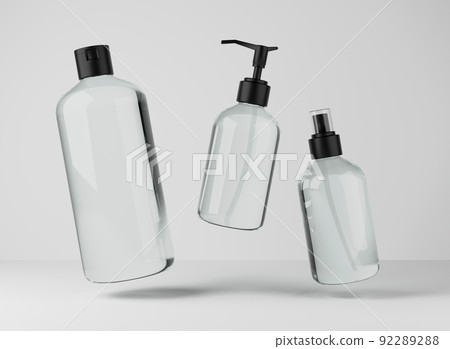 Three different transparent glass bottles for hair and body care products 3D render, set of floating cosmetic containers on gray studio background, packaging mockup Three different transparent glass bottles for hair and body care products 3D render, set of floating cosmetic containers on gray studio background, packaging mockup 92289288