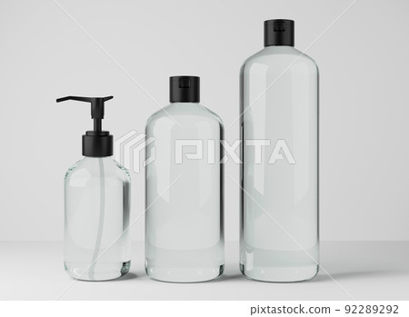 Different transparent glass bottles for hair and body care products 3D render, set of cosmetic containers on gray studio background, packaging mockup 92289292