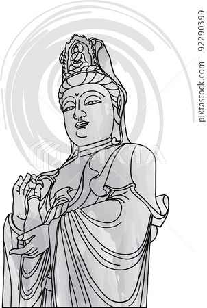 Abstract line of Chinese gods Kuan Yin with color paint background. 92290399