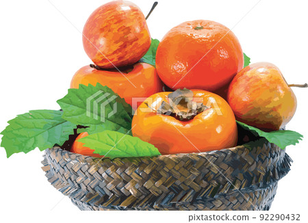 Abstract of Orange, apple and persimmon in the papyrus basket on white background. 92290432