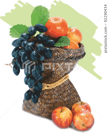 Abstract of grape, apple and orange in the papyrus basket on white background. 92290434
