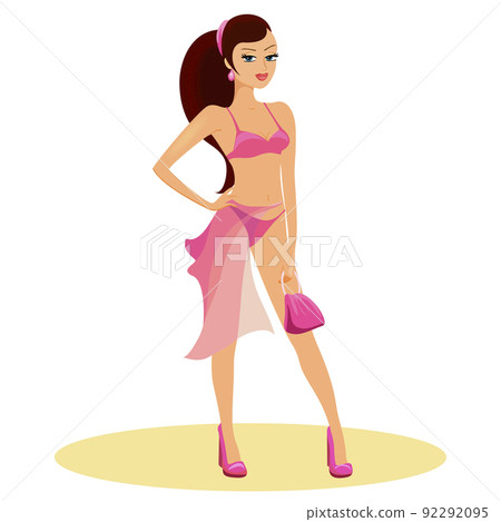 Fashionable woman wearing pink two-piece swimsuit 92292095