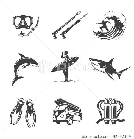 Beach icons black set. Summer, vacation and tourism signs Beach icons black set. Summer, vacation and tourism signs 92292309