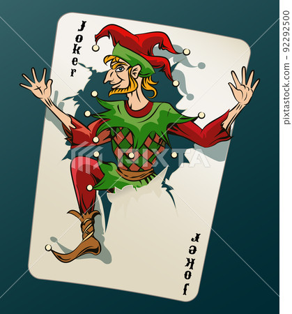 Cartooned Joker Jumping Out From Playing Card 92292500