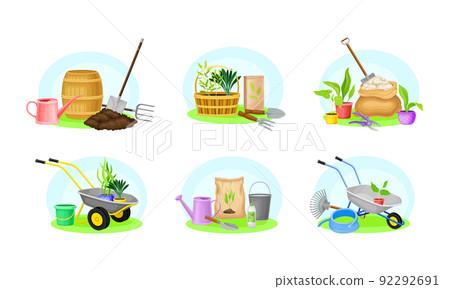 Gardening equipment set. Wheelbarrow, seedlings, watering can and soil. Farming and gardening vector illustration 92292691