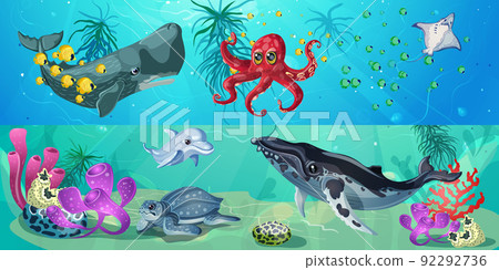 Cartoon Underwater Life Horizontal Banners Cartoon Underwater Life Horizontal Banners 92292736