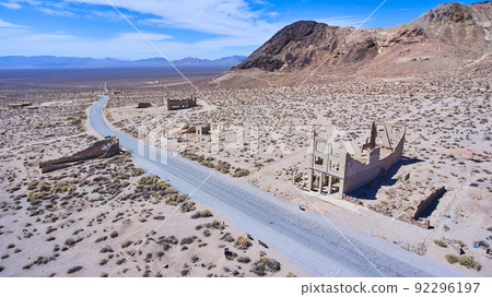 Aerial view of main road for Rhyolite ghost town Aerial view of main road for Rhyolite ghost town 92296197