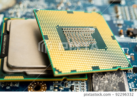 CPU, central processor unit chip Chip on circuit board in PC and laptop computer technology. CPU, central processor unit chip Chip on circuit board in PC and laptop computer technology. 92296332